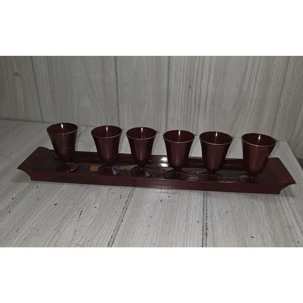 VTG Imaoka Trading Co Japan AIZU Sake Set 6 Cups Tray Deep Red Gold Beach Scene